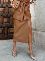Spring Summer Elegant Ladies Office Skirts Casual Women PU Leather Midi Pencil Skirt Solid Side Slit Slim Vintage Brown Skirts.