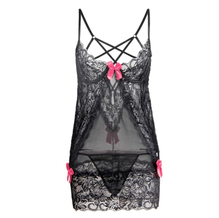 Black%20Women's%20Mesh%20Lace%20Nightdress%20+%20Thong%20Suit%20Exotic%20Clothing%20Nightwear%20Set%20-%20Image%202