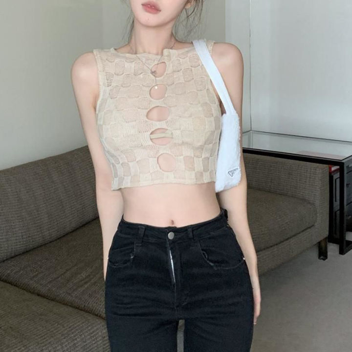 Women%20Casual%20Tank%20Tops,%20Solid%20Color%20Hollow-Out%20Plaid%20Texture%20Sleeveless%20Knitted%20Crop%20Tops%20-%20Image%204