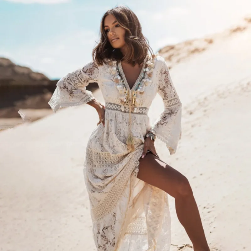 Long Dress Women Boho Lace Maxi Dress Summer Beach Holiday White