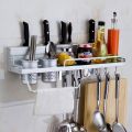 Wall Mounted kitchen hanging Rack Shelf Aluminum Spice Rack with Hook Seasoning Organizer Knife Storage Utensil. 