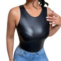 Women Fashion Clubwear Top Black Patent Leather Sleeveless tank Mock Neck Zipper Back Cropped T-shirt Pole Dance Costume.