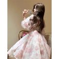 Women's Bubble Sleeves Pink Formal Occasion Evening Dress Elegant and Beautiful Retro Fragmented Flowers Sweet Mid Length Dress.