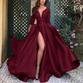 Women's Dress Spring Slim Lace Stitching Split Dress Women's Fashion Long Sleeve V-neck High Waist Party Formal Dress.