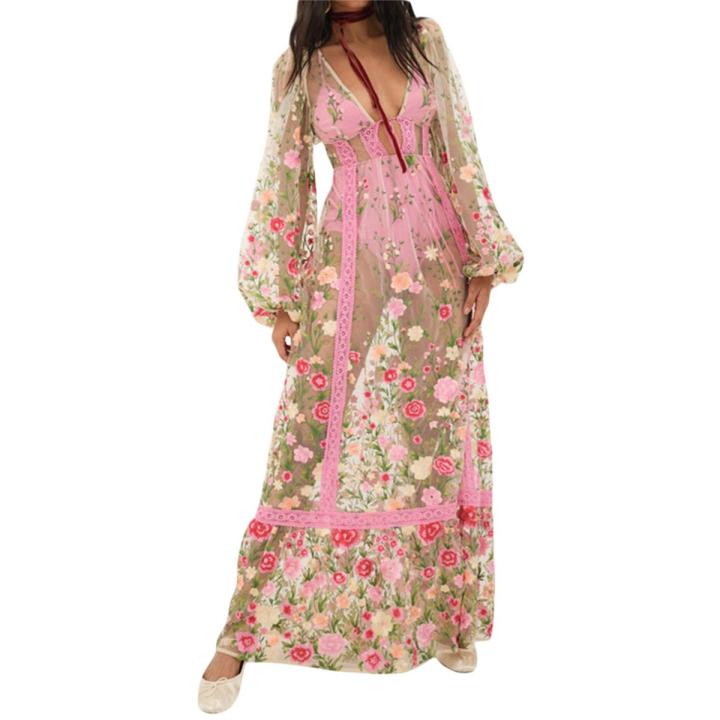 Women's Summer Long Beach Dress Long Sleeve V Neck Backless Floral Bikini Cover  Up | Daraz.com.bd