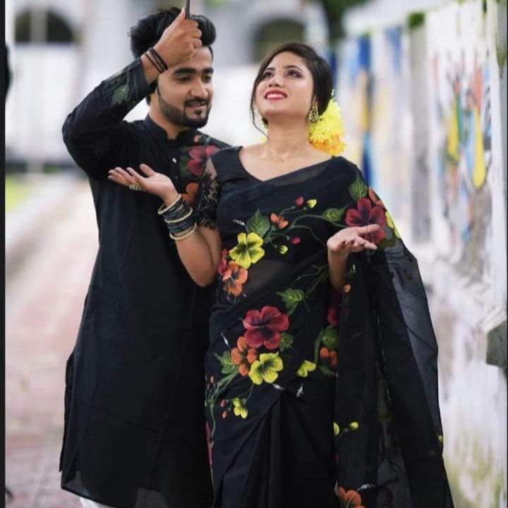 New Designer Half Silk Hand Print Saree And Dhupian Panjabi For Combo Couple for man and women
