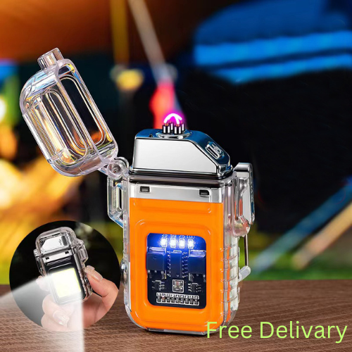 Dual arc windproof waterproof rechargeable usb electric lighter with flashlight transparent