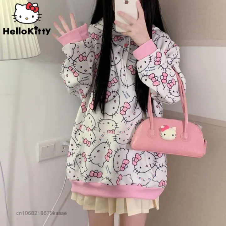 Sanrio Hello Kitty Clothes Women Long Sleeve Sweatshirts Y2k Thin Hoodies Japan Style Cute Sweet Tops Female Spring Loose Shirts
