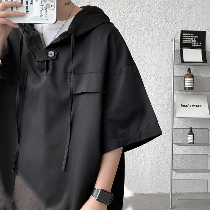 5%20Colors%20Summer%20Hooded%20T%20shirt%20Men%20Korean%20Half%20Sleeve%20Pullover%20Streetwear%20Loose%20T-shirt%20Tops%20Drawstring%20Men%20Clothing%205XL-M%20-%20Image%202