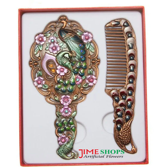 Peacock Design Makeup Mirror & Comb Set