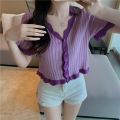v Collar T T-shirt Short-Sleeved Summer Clothes Hot Girl Ice Silk Knitted Cardigan Design Sense Navel Purple Short Top Niche Style. 