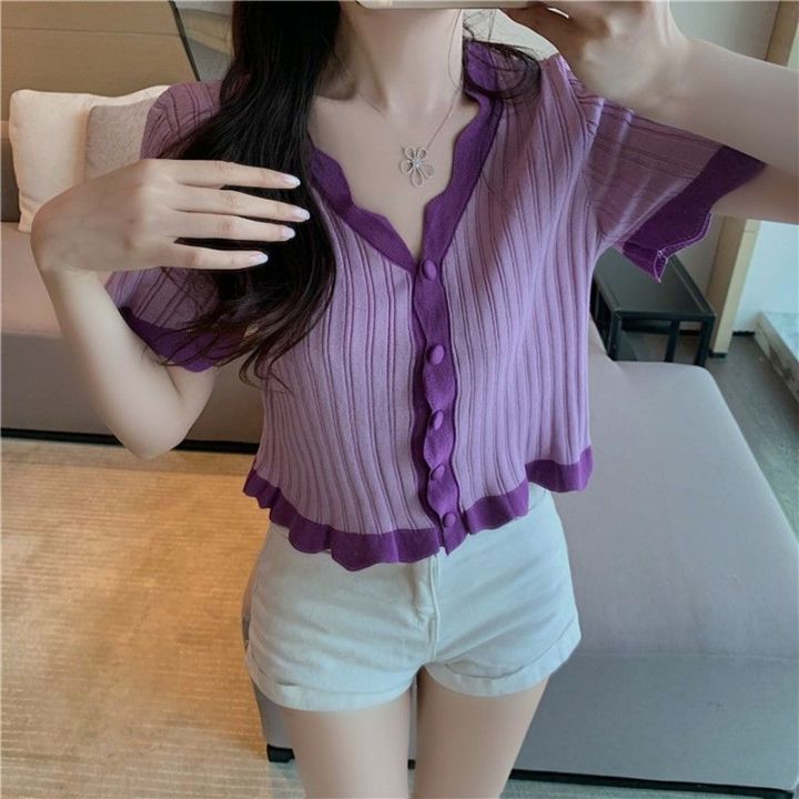 v Collar T T-shirt Short-Sleeved Summer Clothes Hot Girl Ice Silk Knitted Cardigan Design Sense Navel Purple Short Top Niche Style