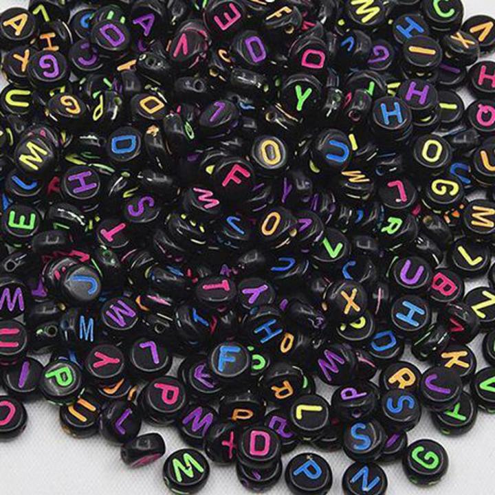 Black Round Neon Alphabet Beads 50 pcs