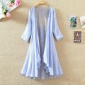 Color Sun Protection Clothing 3 Lace Stitching Summer Mid-Length Cardigan 6 Cotton and Linen Women's Air Conditioning Shirt Thin Coat 3/4 Sleeve Size Shawl. 