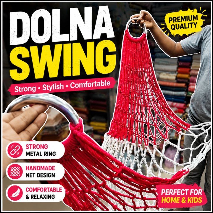 Handcrafted Dolna | Strong Stainless Steel Rings on Both Sides | Random Colour | Premium Handmade Hanging Hammock Rope Bed | Comfortable & Durable Rattan Dulna Cradle Swing