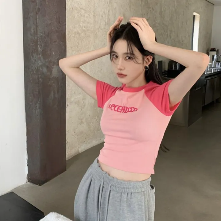Short%20Sleeve%20T%20Women's%20Summer%20T-shirt%20ins%20Tide%202024%20New%20Style%20Short%20Western%20Style%20Tight%20Waist%20Shirt%20Thread%20Hot%20Girl%20Slim%20Top%20-%20Image%204
