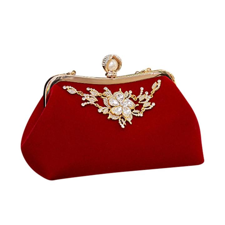 Female Diamond Pearl Handbag Vintage Crystal Flower Evening Bag