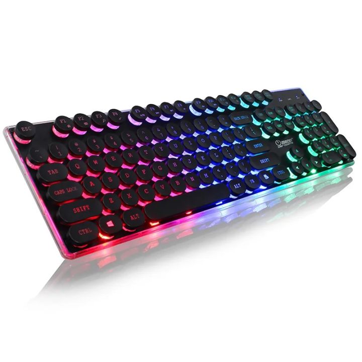 Typewriter Style Mechanical Gaming Keyboard Blue Switches,Rainbow LED Backlit,Removable Wrist Rest,Media Control Knob,Retro Punk Round Keycaps,USB Wired Computer Keyboard