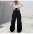 Y2K Trousers Women Cargo Pants Straight Wide Leg Drawstring Oversize Pockets Kpop High Waisted Breathable Solid Color Sweatpants. 