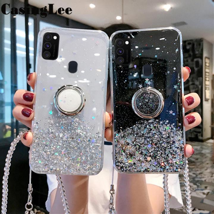 Casinglee for Samsung Galaxy M21 case Shiny Ring Glitter Soft Transparent Holder Stand Back cover with String for Samsung M21 Phone cases cover Stars Moon Girls