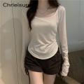CHRLEISURE Women Irregular T-Shirts Long Sleeve Casual Spring Autumn Solid Crop Tops Square Neck Fashion Slim Tees Shirts New.