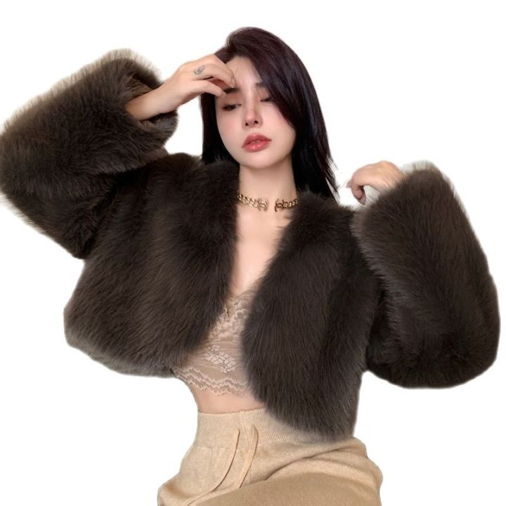 Korean Fashion Girls Fur Cardigan Short Cut Loose Long Sleeves Winter Warm Hot Sell Faux Fur Coat Solid Color Office Lady Jacket