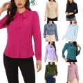 Women's Button Down Shirt Peter Pan Collar Tie Neck Workwear Blouses XS White.