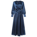 ZANZEA Muslimah Women Muslim V Neck Belt Long Sleeve Plain Satin Party Maxi Dress.