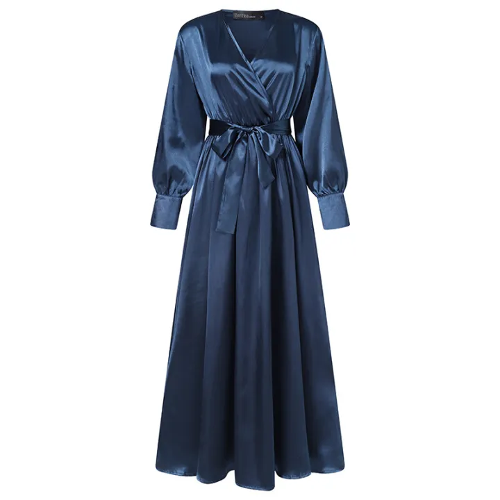 ZANZEA%20Muslimah%20Women%20Muslim%20V%20Neck%20Belt%20Long%20Sleeve%20Plain%20Satin%20Party%20Maxi%20Dress%20-%20Image%206