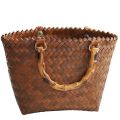 Women's Rattan-like Straw Bag Handmade Women's Woven Bag Vintage Bamboo-like Handle Handbag. 