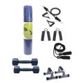 Fitness Combo Yoga Mat, Dumbbell, Hand Grip, Jump Rope, Resistance Band and Push Up Stand. 