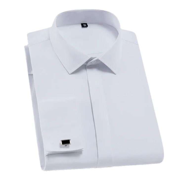 Quality Men's Classic French Cuff Formal Party Wedding Dress Shirts White Long Sleeve No Pocket Tuxedo Male Shirt with Cufflinks
