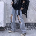 Summer New Korean-StyleinsWater Washed Hole Wide Leg Pants High Waist Slimming Jeans Women's Baggy Straight Trousers Tide.