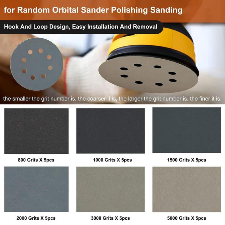 30Pcs 5-Inch Sanding Disc Sets, Hook&Loop 5-Inch 8-Hole Combination (800/1000/1500/2000/3000/5000) Sandpaper New Silicon Carbide