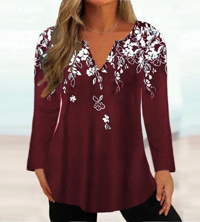 Cute%20Long%20Sleeve%20Floral%20Print%20Deep%20V%20Neck%20Tops%20for%20Women%20Hot%20Selling%20Trendy%20T%20Shirts%20-%20Image%202