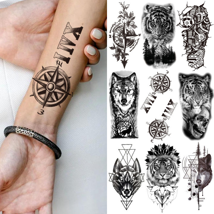 【beauty code store】Compass Letter Temporary Tattoo For Men Women Adult Realistic Fake Wolf Skull Sticker Tiger Black Tatoos