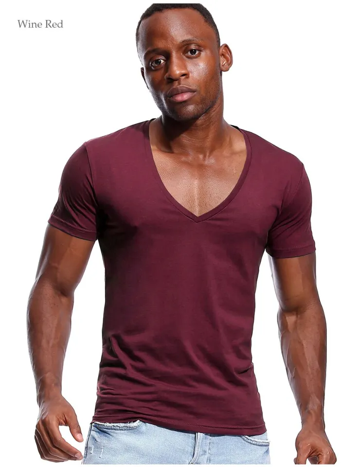 Deep V Neck T Shirt for Men Low Cut Vneck Wide Vee Tee Male Tshirt Invisible Undershirt Model Scoop Hem Slim Fit Short Sleeve Daraz .bd