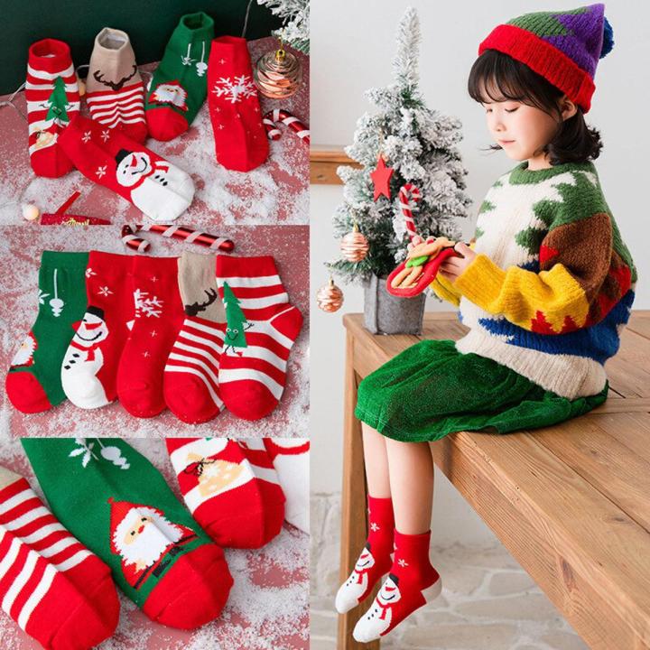 5pcs Students Baby Sock In The Tube Children's Sock Autumn Winter New Children's Socks Boys Girls Cartoon Red Christmas Socks