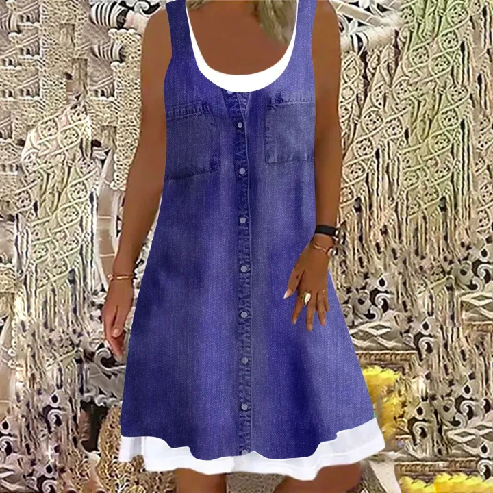 Women's%20A-Line%20Dress%20Sleeveless%20Spring%20Summer%20Casual%20Patchwork%20Print%20Knee%20Length%20Dress%20Fashion%203D%20Printing%20Denim%20Print%20Dress%20-%20Image%202