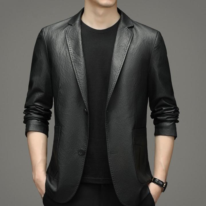 Men's Suit Leather Coat Spring and Autumn Thin Korean Style Casual Polo Collar Leather Jacket Men's Coat