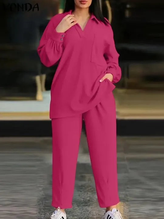 Women%20Matching%20Sets%20Fashion%20Pant%20Sets%20Autumn%20Long%20Sleeve%20Elegant%20Lapel%20Tops%20and%20Wide%20Leg%20Pants%20Solid%20Casual%20Suits%20-%20Image%202