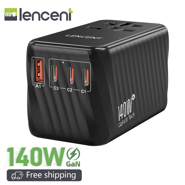 LENCENT 140W Universal Travel Adapter, International Plug Adaptor, GaN Fast Charger with 3 Type C+1 USB A, All in One Travel Essentials, Worldwide Outlet Converter for US to European EU UK AUS, Black