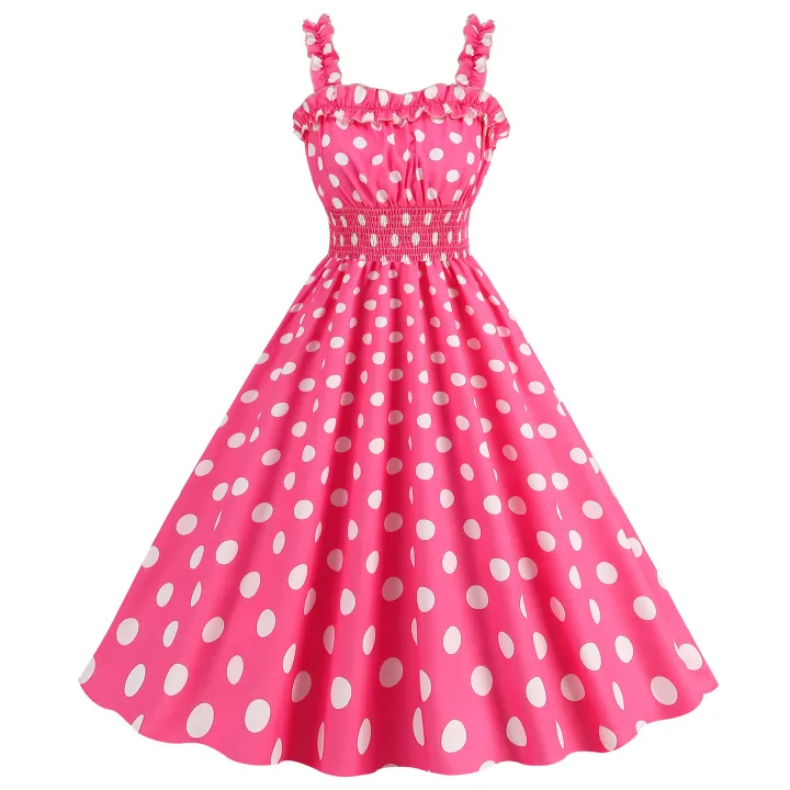 Manufacturers%20supply%20a%20large%20number%20of%20spot%20Barbie%20powder%20suspender%20party%20casual%20polka%20dot%20plaid%20print%20dress%20-%20Image%203