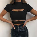Gothic Chest Hollow Out Women T-shirt Crop Top Green Black Solid Slim Tank Tops Tee Shirt Female Casual Camis. 