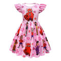 (New) girls princess dress cartoon printing short sleeves A-line skirt flying sleeves waist-printed dress.