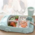 Cartoon Car Baby Dishes Set Bamboo Fiber Plate+Cup Sub-Grid Bowl,B.