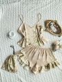 Elegant Floral Print Cami Tops Ruffle Hem Shorts Pajama Set Women's Sleepwear Loungewear. 