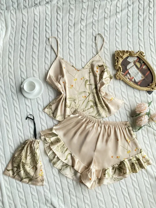 Elegant%20Floral%20Print%20Cami%20Tops%20Ruffle%20Hem%20Shorts%20Pajama%20Set%20Women's%20Sleepwear%20Loungewear%20-%20Image%203