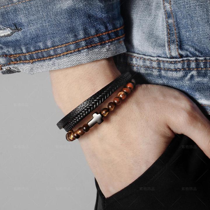 Leather Bracelets Men Bracelets Wristbands - Bracelet For Men/Men's Stainless Steel and Leather Bracelet - Bracelet