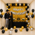 Happy Anniversary Decoration Combo Pack - Golden Curtains Backdrop, Silver Foil Banner Balloons, Metallic Balloons (Golden, Black & Silver) Decoration Set Full Package- (Pack of 33 Pcs). 